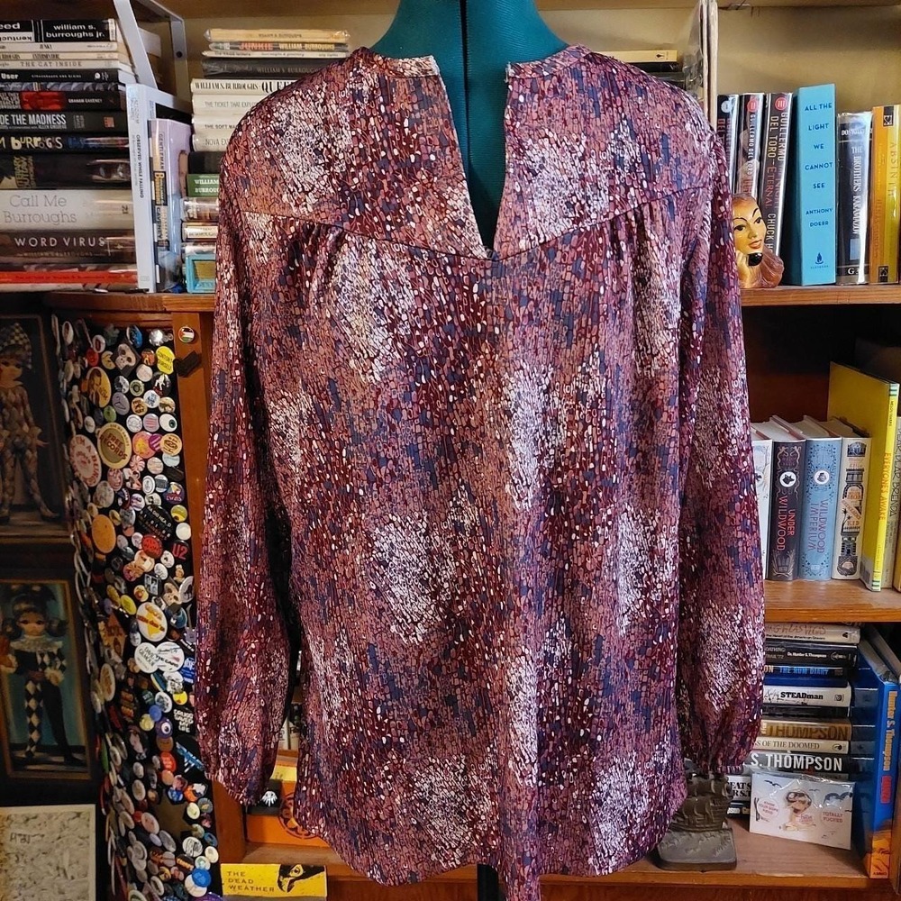 Vintage 70s NPC Fashions Purple Patterned Long Sleeve Polyester Blouse Large